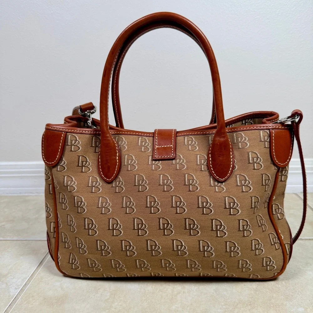 Dooney & Bourke Brown DB Monogram Canvas Leather Satchel Tote Bag Medium
